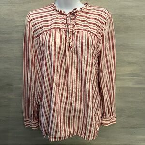 LOFT White Red Striped‎ Ruffle Tie Neck Peasant Tunic Top Blouse Size XL GC